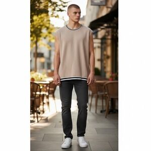 SEROYA Mens Large Knit Sleeveless Longline Top Beige Black White Striped Sample